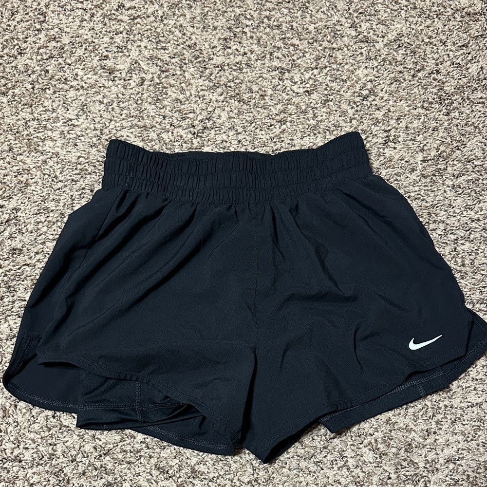 Nike Women's Black Athletic Shorts with White Logo. High waisted.